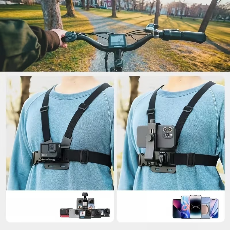a universal adjustable chest strap suitable for cycling kayaking fishing and skateboarding compatible with iphone samsung gopro  360 and   cameras ideal for pov vlog recording made of abs material Product details 1