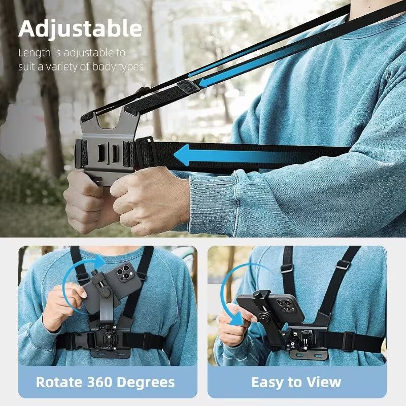 a universal adjustable chest strap suitable for cycling kayaking fishing and skateboarding compatible with iphone samsung gopro  360 and   cameras ideal for pov vlog recording made of abs material Product details 4