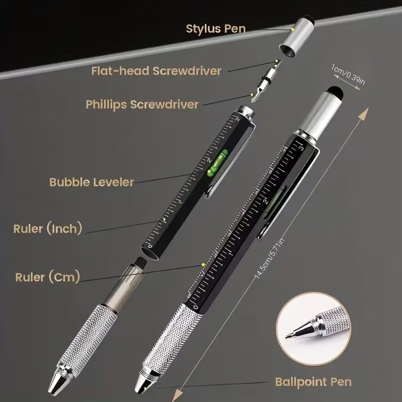 6 in 1 multifunctional tool pen building tools gift tool pens with 1 0mm black round ballpoint pen ruler handwriting pen level screwdriver fountain pen tools gadget fountain pen gifts for men christmas gifts dad gifts christmas birthday teacher Product details 1