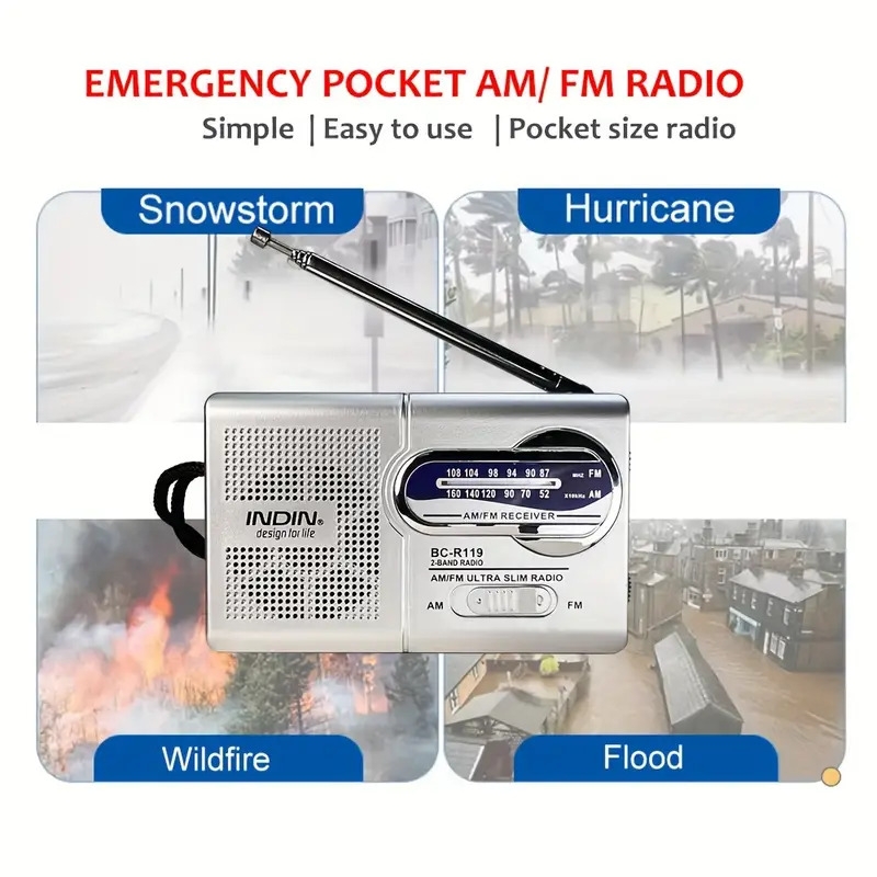 一台迷你便携式am/fm收音机，  bc-r119，led显示，高灵敏度，非防水，兼容耳机，收音信号接收，纤薄设计，配有40mm扬声器，适合家庭、户外和紧急使用 - 不含电池 商品详情 6