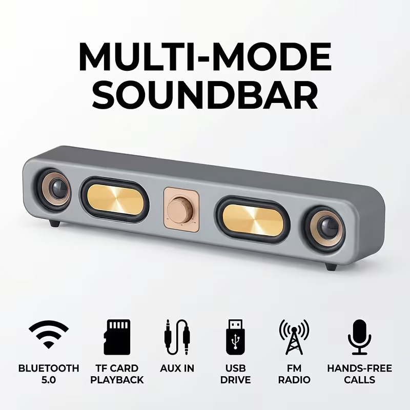 复古蓝牙音箱,hifi音质电脑条形音箱,可充电,立体声,适用于台式机、笔记本电脑、pc、手机、平板电脑、 、游戏音箱 - (棕色/黑色/灰色/海军蓝) 商品详情 4