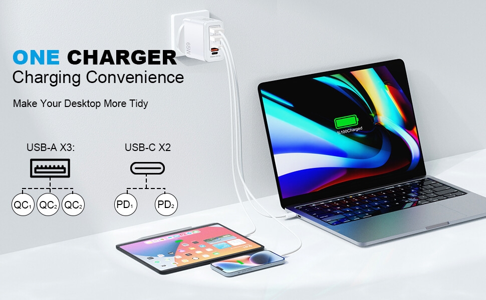 One Charger multi-port desktop charging station. Displays laptop and tablet being charged. Shows USB-A and USB-C ports for device connectivity.