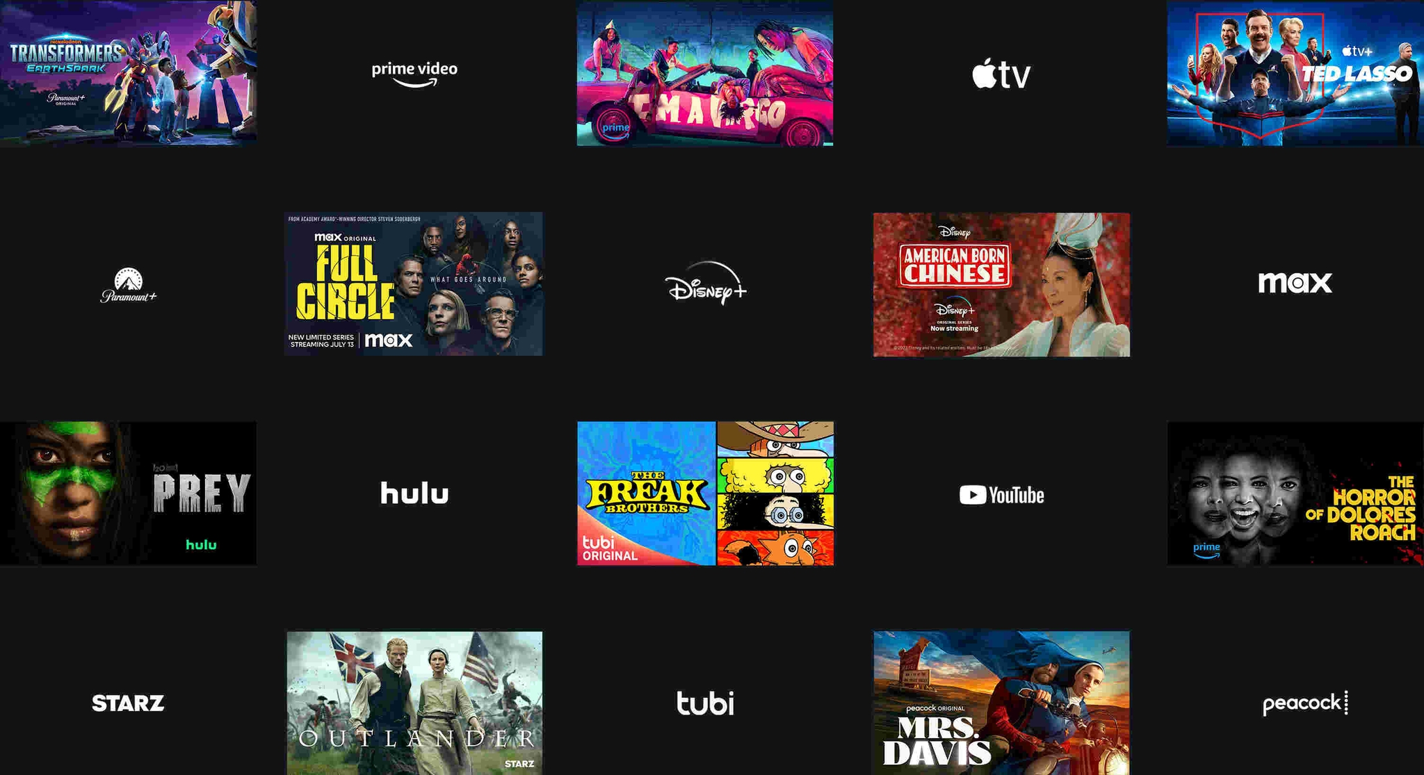 Checkerboard montage of scenes from various shows is with logos from streaming services like Prime Video, Hulu, Apple TV, Max.