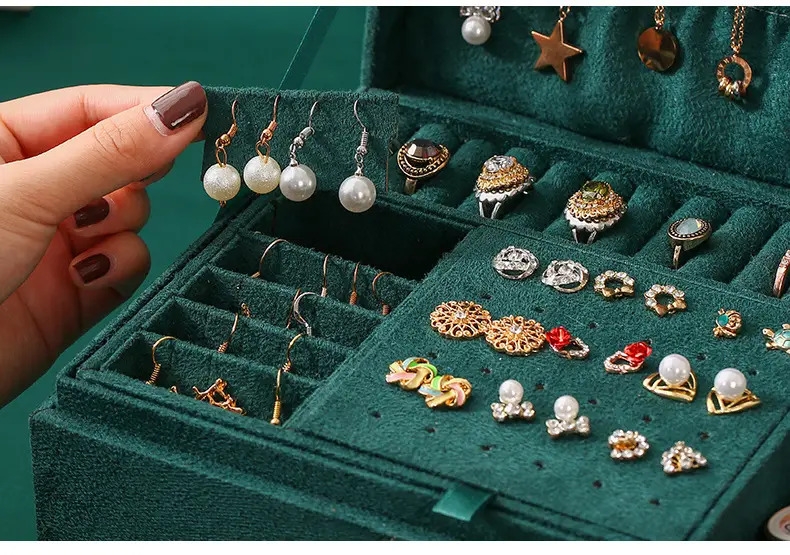 1pc 3 layer flannelette lockable jewelry storage box antique flannelette jewelry organizer case ear stud necklace earring ring watch jewelry box ideal choice for gifts details 7