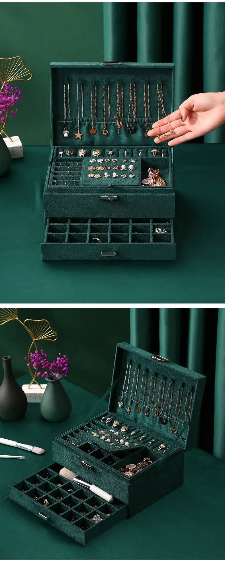 1pc 3 layer flannelette lockable jewelry storage box antique flannelette jewelry organizer case ear stud necklace earring ring watch jewelry box ideal choice for gifts details 5