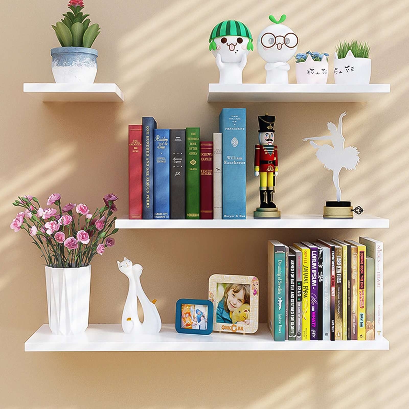 Set of 4 Wall Mounted Floating Shelves 6in Wide for Bedroom Living Room Bathroom Kitchen Office Wall Storage