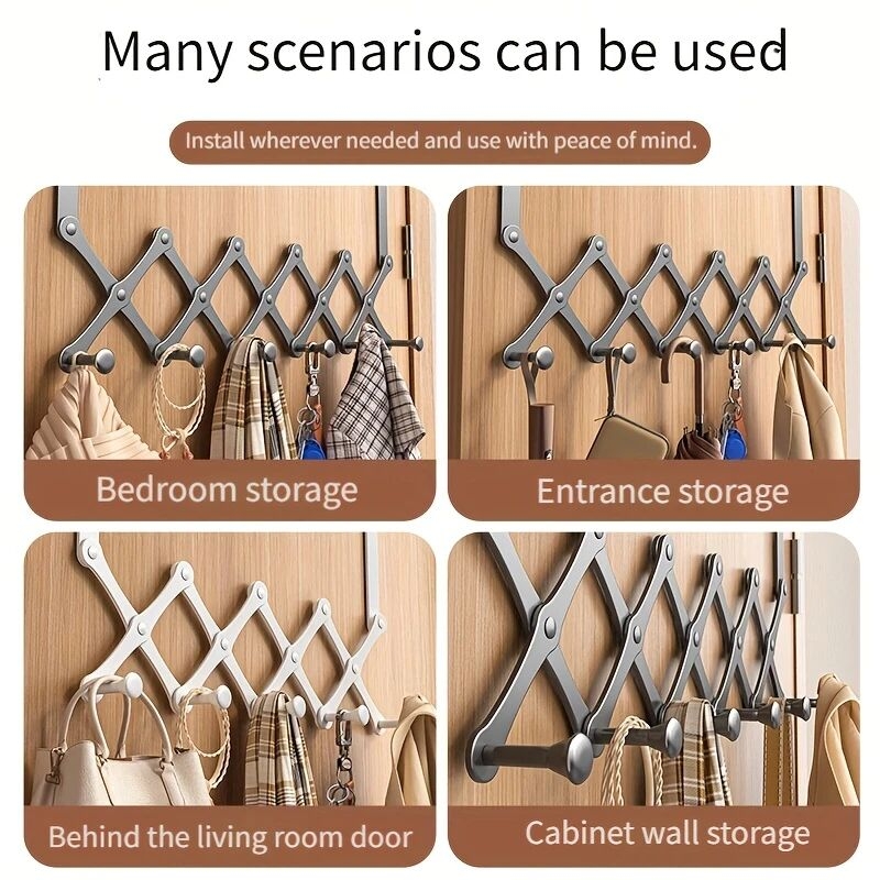 现代金属门钩 - 6个可折叠无孔储物架，节省空间的门挂钩，适用于外套、包、围巾 - 适合卧室、浴室和客厅使用 详情 3