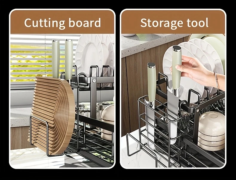 1 件廚房櫃上過水槽的碗碟架，拆卸式更大的容量 2 層碗碟架排水板，帶有雙層碗架、排水板、粘板架、收纳餐具架，黑色 详情 9