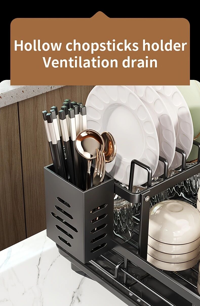 1 件廚房櫃上過水槽的碗碟架，拆卸式更大的容量 2 層碗碟架排水板，帶有雙層碗架、排水板、粘板架、收纳餐具架，黑色 详情 8