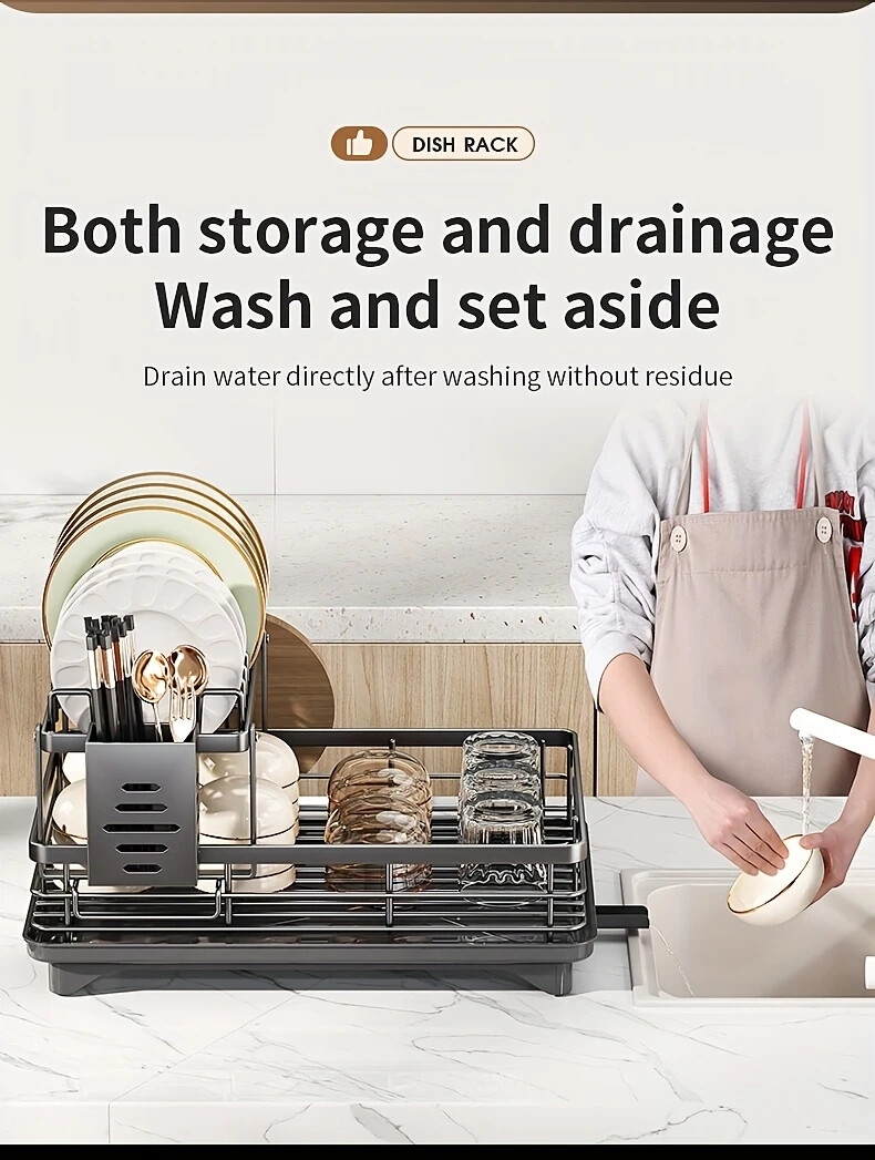 1 件廚房櫃上過水槽的碗碟架，拆卸式更大的容量 2 層碗碟架排水板，帶有雙層碗架、排水板、粘板架、收纳餐具架，黑色 详情 2