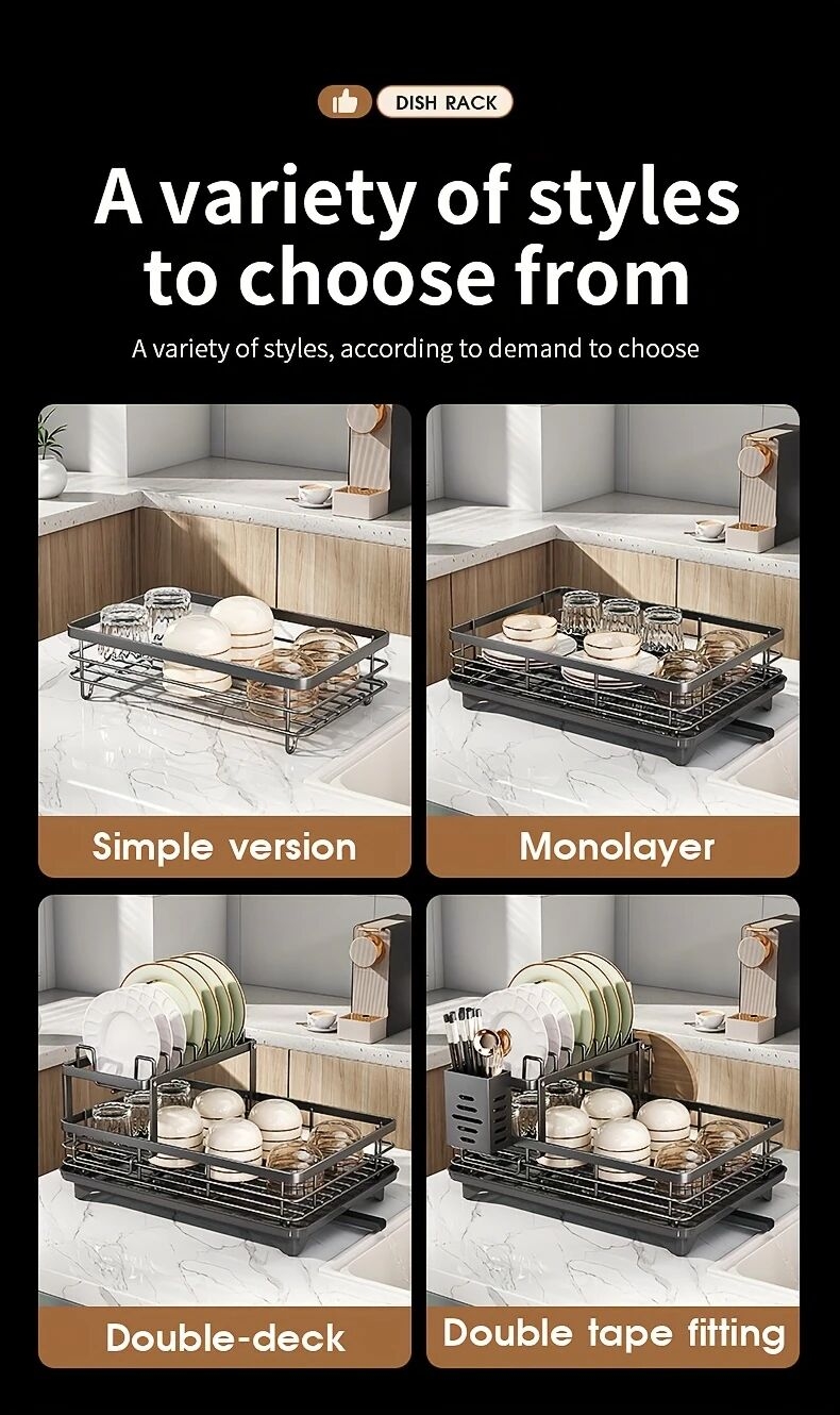 1 件廚房櫃上過水槽的碗碟架，拆卸式更大的容量 2 層碗碟架排水板，帶有雙層碗架、排水板、粘板架、收纳餐具架，黑色 详情 3