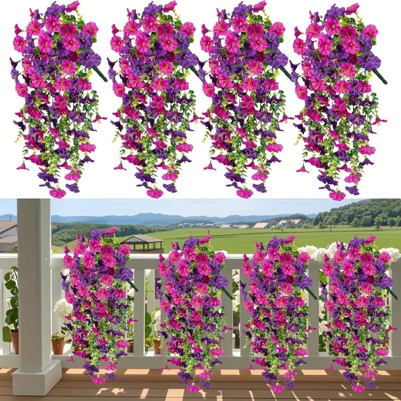 4 件户外人造花牵牛挂饰 - 包括尤加利叶逼真悬挂植物，适合春季和夏季婚礼/家居/花园装饰 详情 0