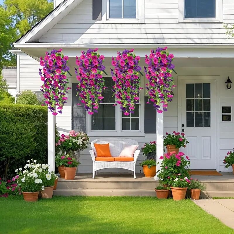 4 件户外人造花牵牛挂饰 - 包括尤加利叶逼真悬挂植物，适合春季和夏季婚礼/家居/花园装饰 详情 2