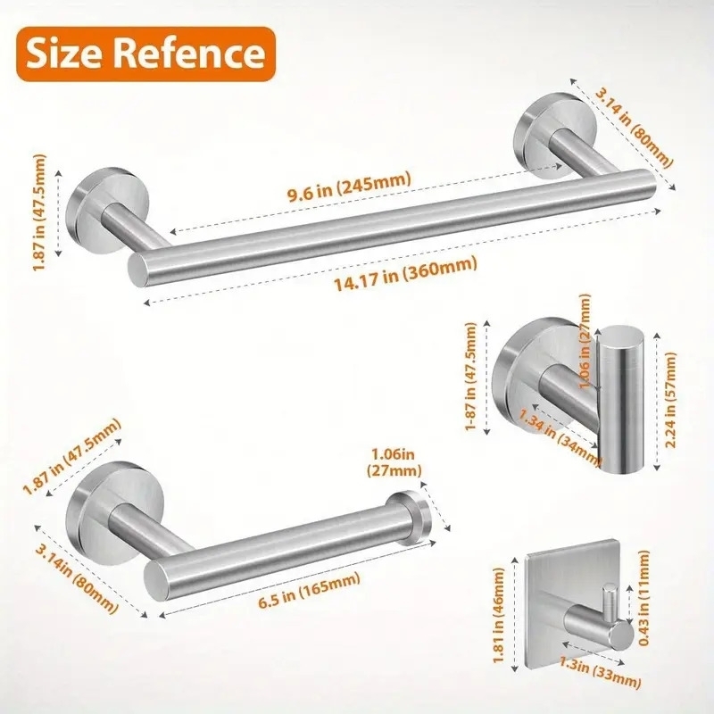 5pcs bathroom stainless steel set bath towel bar toilet paper holder 3 towel hooks wall mounted towel rack kit for bathroom hotels bathroom accessories details 0