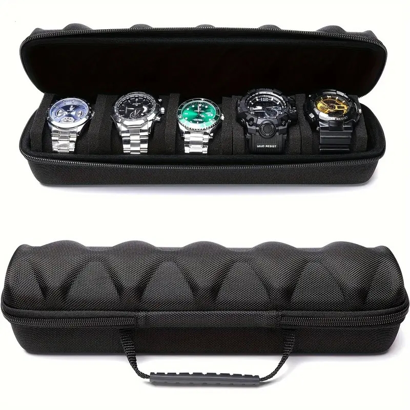 5 slot eva watch travel case with hardshell foam pillows handle secure closure scratch resistant protective storage box for men women watches watch protection sleek style padded interior details 4