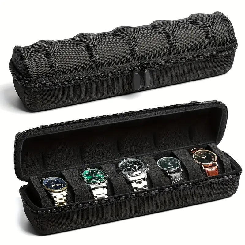 5 slot eva watch travel case with hardshell foam pillows handle secure closure scratch resistant protective storage box for men women watches watch protection sleek style padded interior details 0