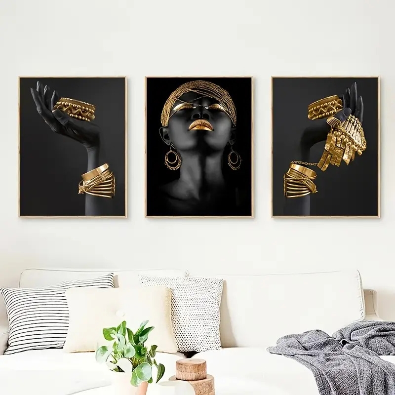 3pcs african woman wall painting art posters and prints big woman holding golden jewelry canvas picture for living room decor no frame details 0