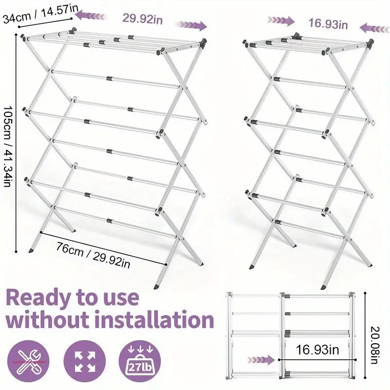 重型不锈钢折叠晾衣架 - 独立式，带加固厚管，可承受 80 磅，公寓和宿舍节省空间设计，非常适合衣服、毛巾、帽子和配件、洗衣晾衣架 -多功能储存-耐用的金属框架、毛巾架、烘干架 详情 9