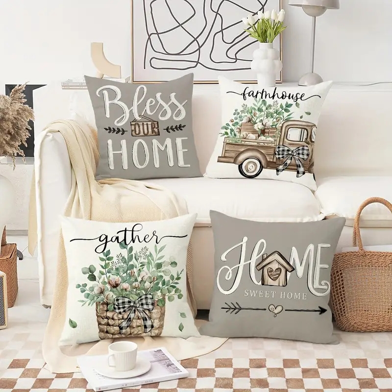 4个农家风抱枕套，18*18英寸桉树叶装饰卡车甜蜜家园春夏靠垫套，家居装饰礼物，适用于门廊、庭院、沙发、客厅、户外，不含抱枕芯 商品详情 0