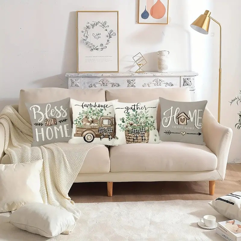 4个农家风抱枕套，18*18英寸桉树叶装饰卡车甜蜜家园春夏靠垫套，家居装饰礼物，适用于门廊、庭院、沙发、客厅、户外，不含抱枕芯 商品详情 2