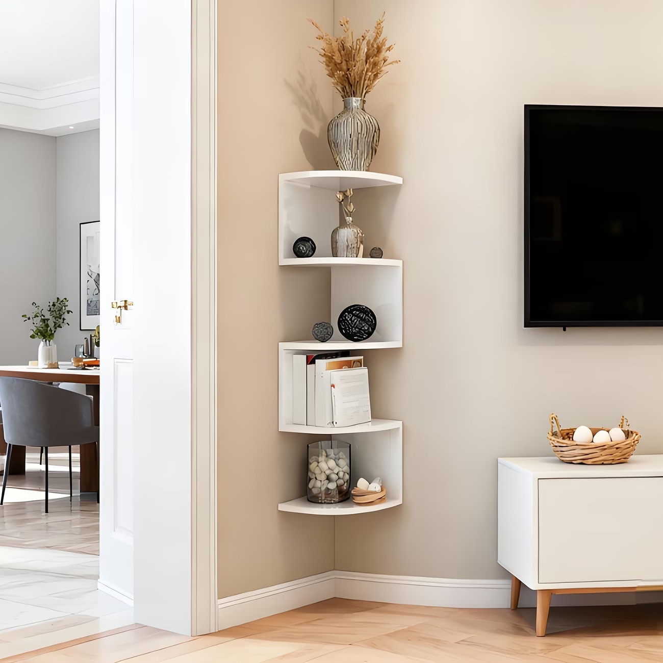 floating wall mounted corner wall shelf heavy duty plastic curved space saving storage rack living room bedroom bathroom multi functional storage rack modern white solid display rack compatible pipe wall decoration shelf household corner finishing a Product details 2