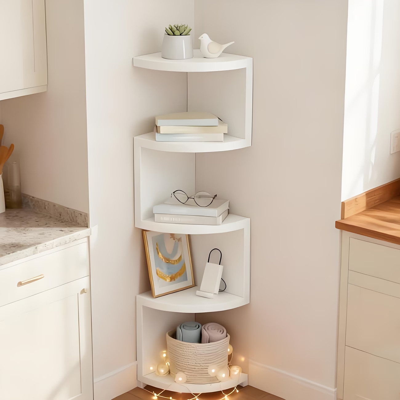 floating wall mounted corner wall shelf heavy duty plastic curved space saving storage rack living room bedroom bathroom multi functional storage rack modern white solid display rack compatible pipe wall decoration shelf household corner finishing a Product details 10
