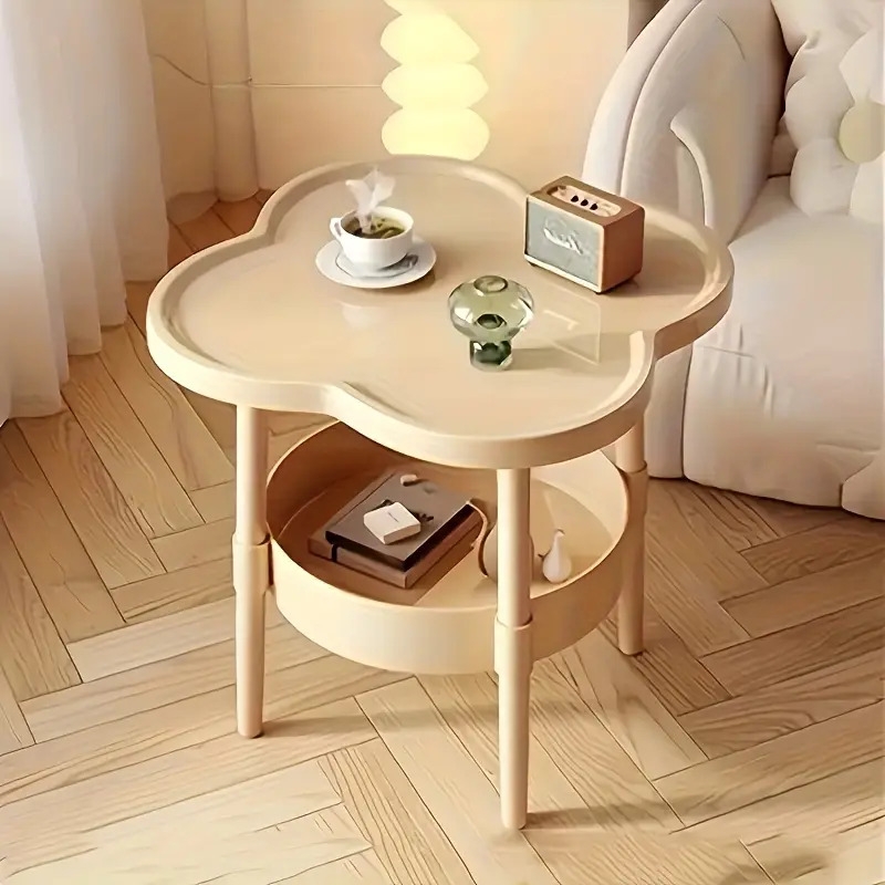 1件现代两层储物咖啡桌，带米色圆形桌面和下层搁板 - 节省空间的塑料家具，适合小空间，易于组装，耐用的现代设计，米色和白色 - 理想用于卧室、客厅、厨房、浴室 - 床头柜、沙发边桌、带开放式搁板储物的中心桌，极简美学，坚固结构，适用于任何房间 商品详情 0