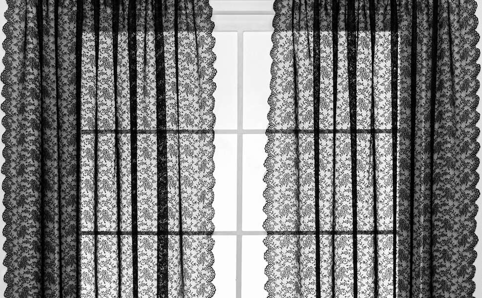 Light Filtering Black Sheer Lace Curtains Gothic Black rose Lace sheer Curtains