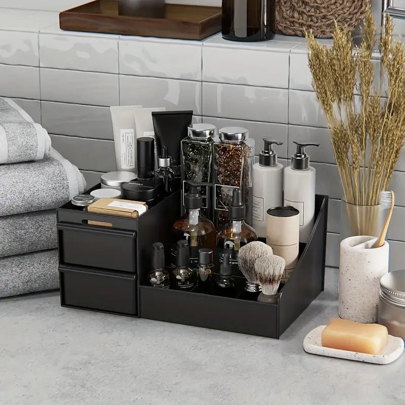 男士黑色塑料台面收纳盒,多隔层可调节搁板 - 现代香水、护肤品及洗漱用品储物架,节省空间的梳妆桌整理器,适用于浴室和卧室 - 理想男性礼物,护肤展示架,坚固结构,易于组装,香水支架,家居组织 商品详情 4