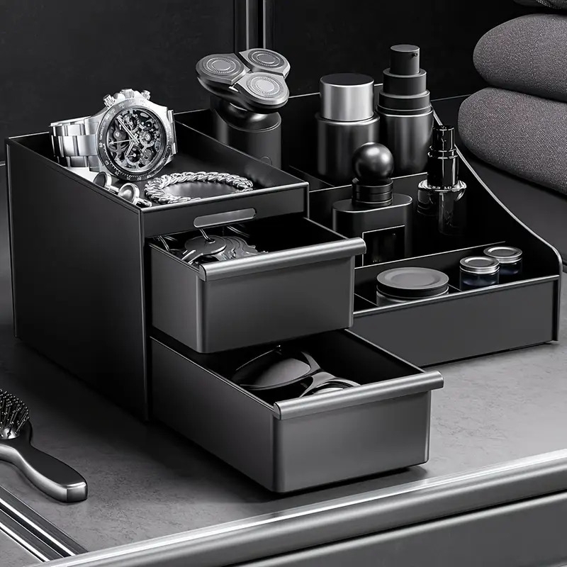 男士黑色塑料台面收纳盒,多隔层可调节搁板 - 现代香水、护肤品及洗漱用品储物架,节省空间的梳妆桌整理器,适用于浴室和卧室 - 理想男性礼物,护肤展示架,坚固结构,易于组装,香水支架,家居组织 商品详情 3