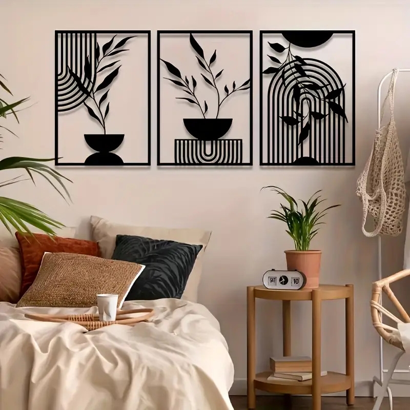 3件套黑色金属墙饰，简单的线挂装饰品，抽象的金属墙雕，波西米亚风格的壁挂，适用于卧室、浴室、客厅、室内外使用 商品详情 2