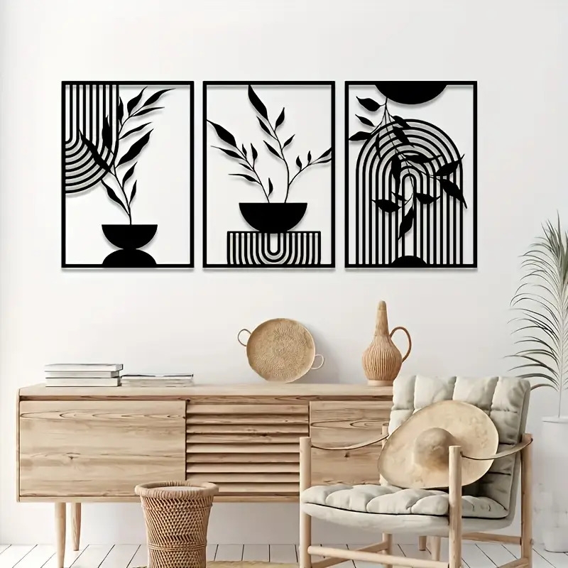 3件套黑色金属墙饰，简单的线挂装饰品，抽象的金属墙雕，波西米亚风格的壁挂，适用于卧室、浴室、客厅、室内外使用 商品详情 7