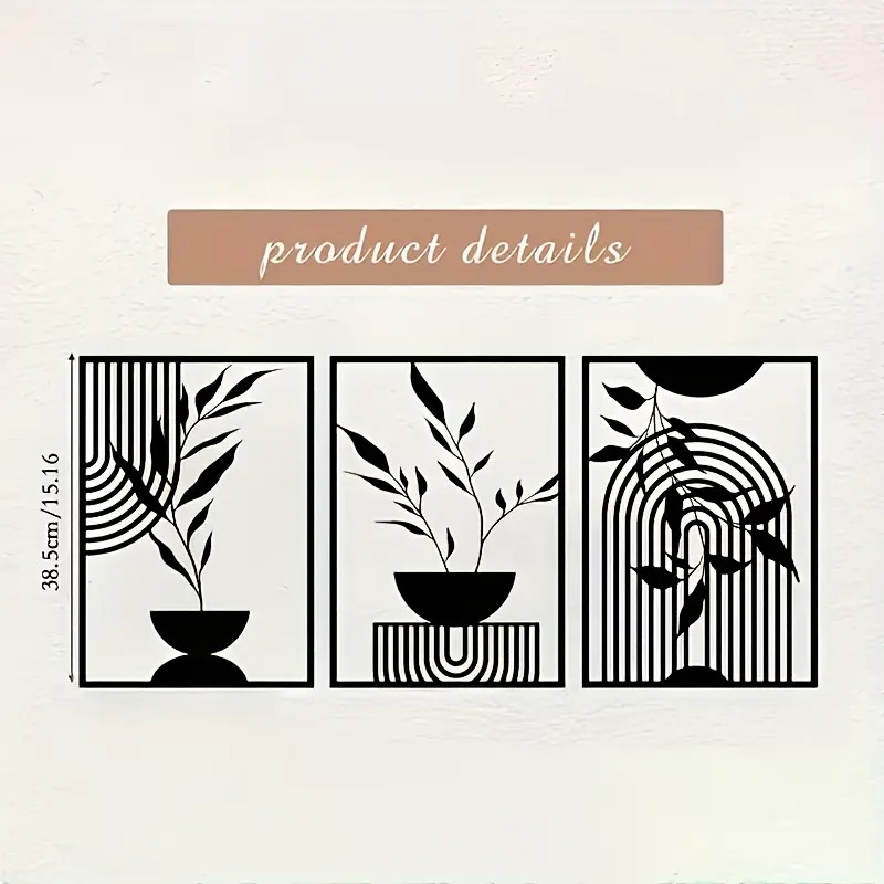 3件套黑色金属墙饰，简单的线挂装饰品，抽象的金属墙雕，波西米亚风格的壁挂，适用于卧室、浴室、客厅、室内外使用 商品详情 5