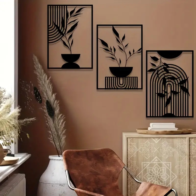 3件套黑色金属墙饰，简单的线挂装饰品，抽象的金属墙雕，波西米亚风格的壁挂，适用于卧室、浴室、客厅、室内外使用 商品详情 3