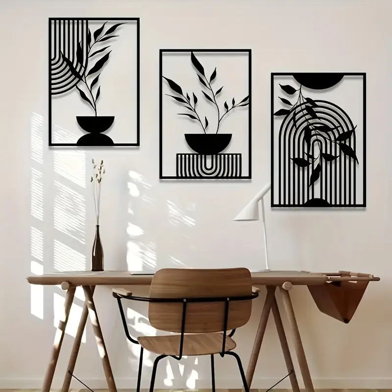 3件套黑色金属墙饰，简单的线挂装饰品，抽象的金属墙雕，波西米亚风格的壁挂，适用于卧室、浴室、客厅、室内外使用 商品详情 1