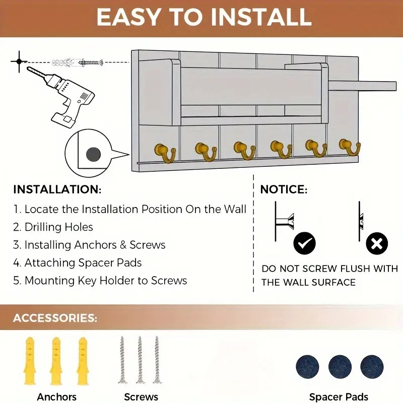 墙壁装饰钥匙架 - 邮件组织者和带托盘的钥匙架，用于走廊厨房农舍装饰，客厅装饰，墙上钥匙挂钩 商品详情 5