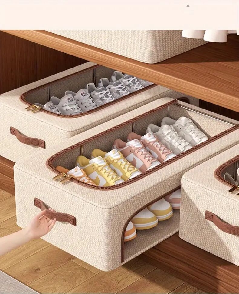 4 个季节均可使用可折叠双窗鞋柜-防尘可堆叠床下收纳器，米色亚麻布复古风格，适用于运动鞋、高跟鞋、鞋子等-节省空间的多用途壁橱和卧室收纳解决方案，鞋柜，中性装饰补充，床下收纳 商品详情 1