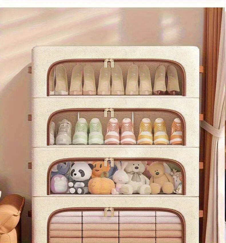 4 个季节均可使用可折叠双窗鞋柜-防尘可堆叠床下收纳器，米色亚麻布复古风格，适用于运动鞋、高跟鞋、鞋子等-节省空间的多用途壁橱和卧室收纳解决方案，鞋柜，中性装饰补充，床下收纳 商品详情 5