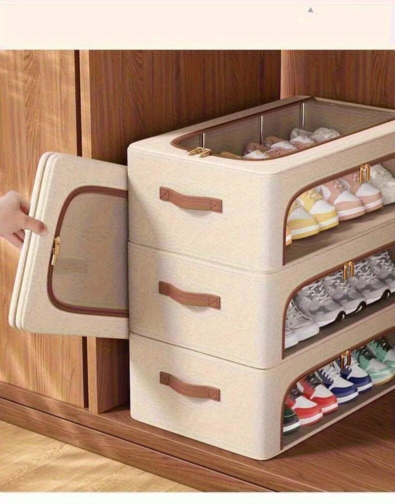 4 个季节均可使用可折叠双窗鞋柜-防尘可堆叠床下收纳器，米色亚麻布复古风格，适用于运动鞋、高跟鞋、鞋子等-节省空间的多用途壁橱和卧室收纳解决方案，鞋柜，中性装饰补充，床下收纳 商品详情 3