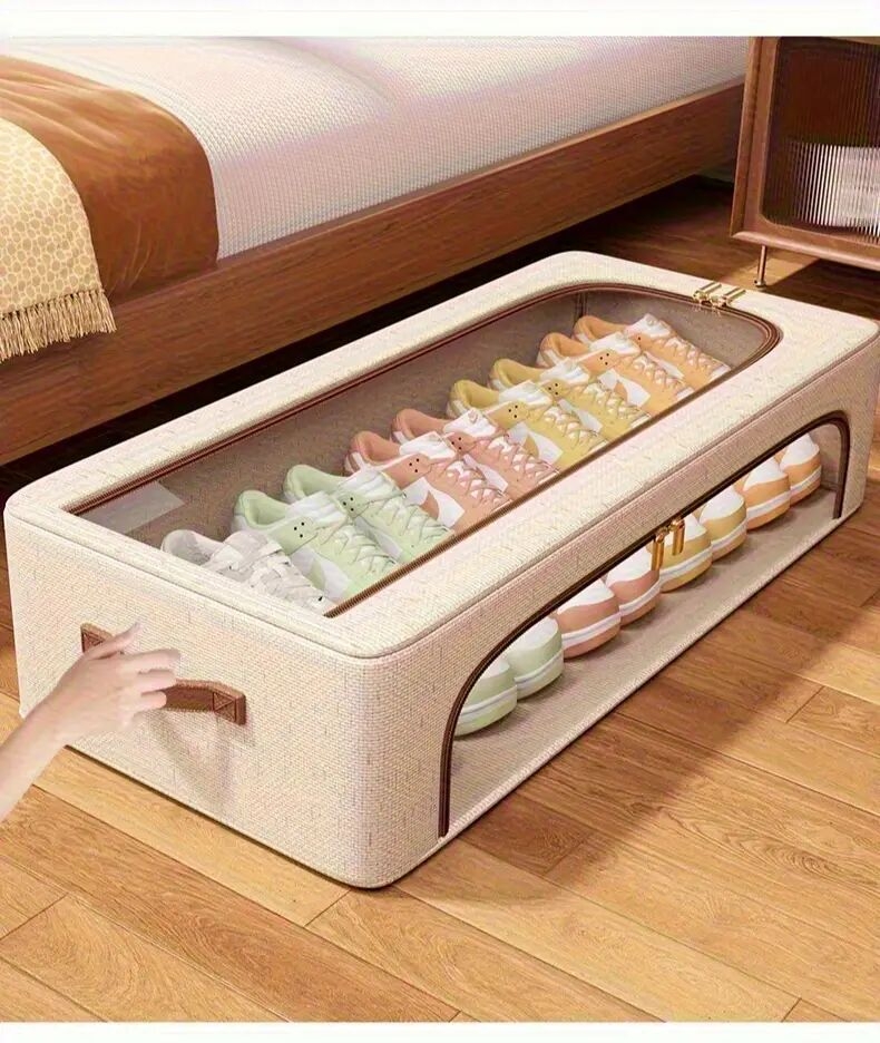 4 个季节均可使用可折叠双窗鞋柜-防尘可堆叠床下收纳器，米色亚麻布复古风格，适用于运动鞋、高跟鞋、鞋子等-节省空间的多用途壁橱和卧室收纳解决方案，鞋柜，中性装饰补充，床下收纳 商品详情 2
