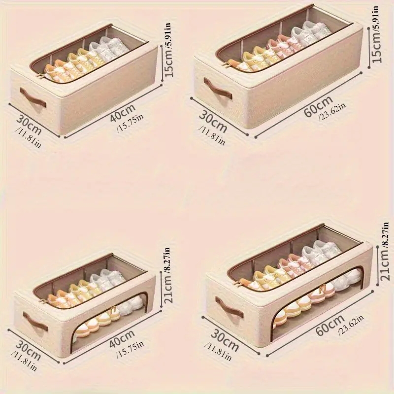 4 个季节均可使用可折叠双窗鞋柜-防尘可堆叠床下收纳器，米色亚麻布复古风格，适用于运动鞋、高跟鞋、鞋子等-节省空间的多用途壁橱和卧室收纳解决方案，鞋柜，中性装饰补充，床下收纳 商品详情 10