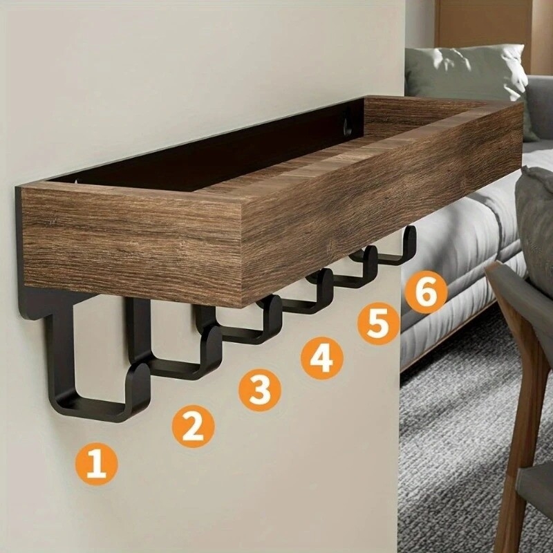 1pc rustic wooden wall mounted shelf with 6 hooks floating storage organizer key and mail holder     for   room bedroom bathroom versatile wood tray caddy   0