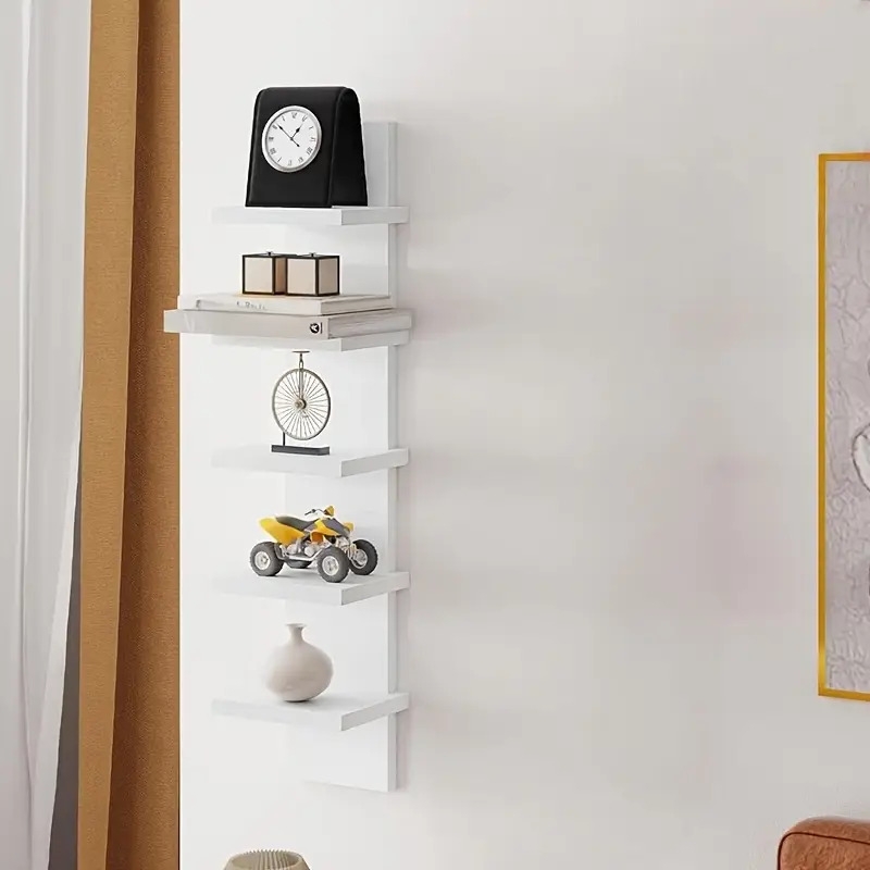 5-tier floating wall shelf, smooth laminate decorative vertical rack, easy wall-mounted storage organizer for living room and bedroom,   display shelf with 2 color options, stylish tower design for showcasing decor, aromatherapy, and plants, floating shelves Product details 0