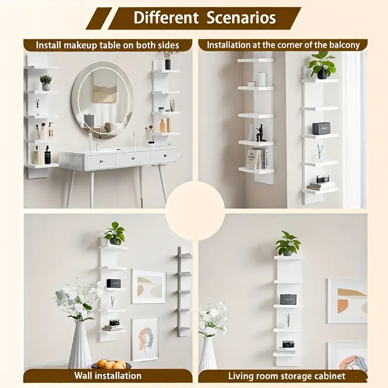 5-tier white floating wall shelf - heavy-duty vertical storage rack, easy-clean non-porous surface, space-saving modern minimalist shelf system for living room, bedroom, entryway - sturdy construction for decor, plants, books, electronics - ideal for small spaces, home organization, contemporary design, durable shelving, multitier shelf, apartment dwellers Product details 2