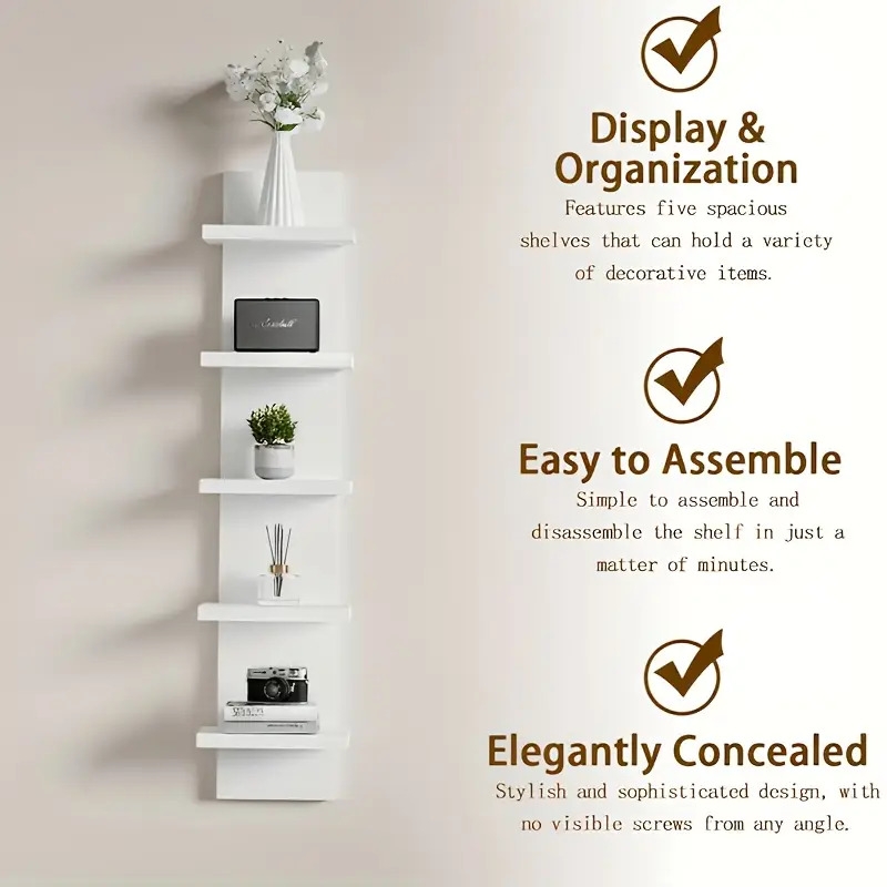 5-tier white floating wall shelf - heavy-duty vertical storage rack, easy-clean non-porous surface, space-saving modern minimalist shelf system for living room, bedroom, entryway - sturdy construction for decor, plants, books, electronics - ideal for small spaces, home organization, contemporary design, durable shelving, multitier shelf, apartment dwellers Product details 4