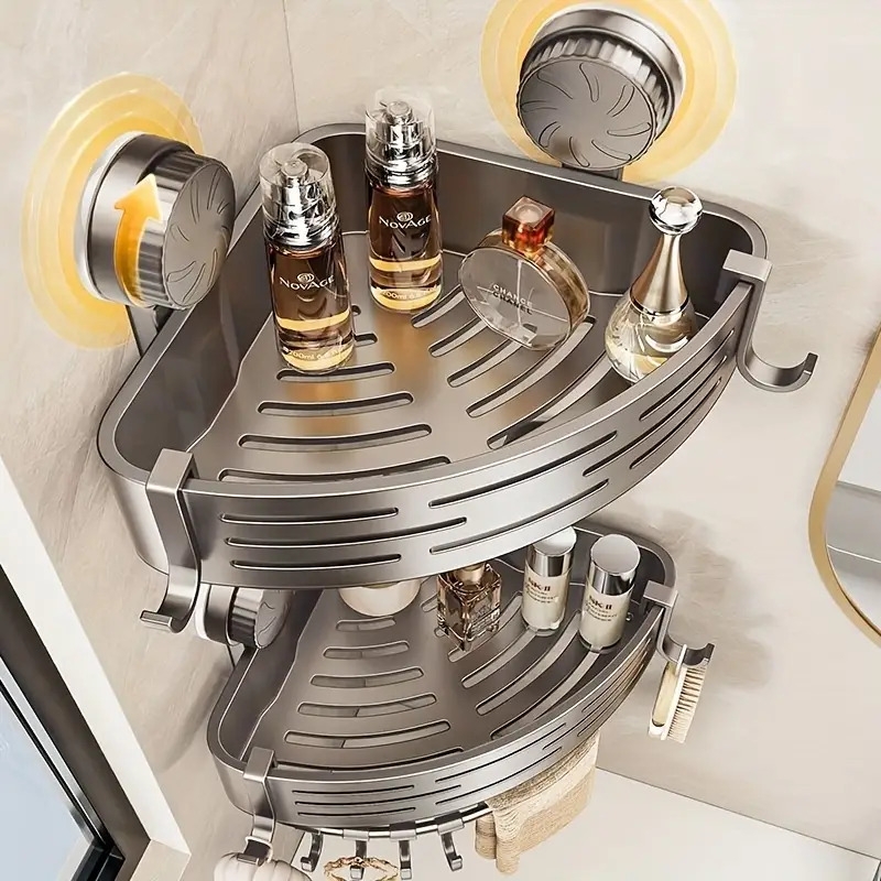 节省空间的吸盘浴室架 - 无需钻孔,强力三角形架带挂钩,适用于淋浴和厕所墙/瓷砖,多功能储物组织者 商品详情 6