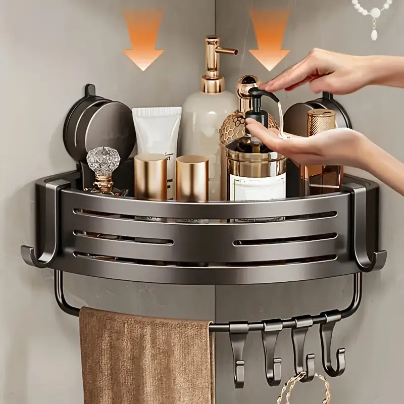 节省空间的吸盘浴室架 - 无需钻孔,强力三角形架带挂钩,适用于淋浴和厕所墙/瓷砖,多功能储物组织者 商品详情 5