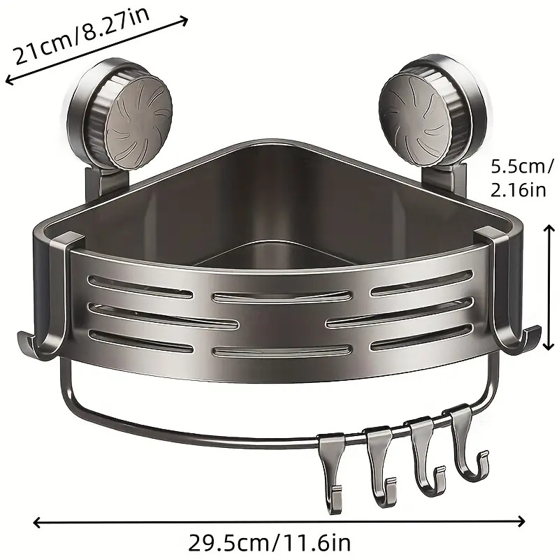 节省空间的吸盘浴室架 - 无需钻孔,强力三角形架带挂钩,适用于淋浴和厕所墙/瓷砖,多功能储物组织者 商品详情 3