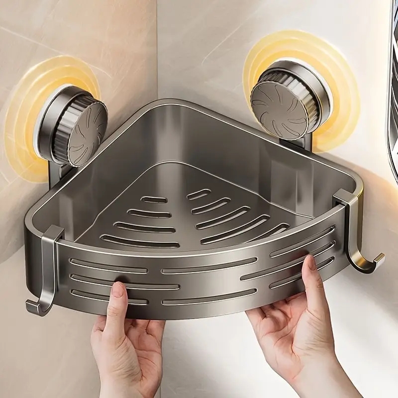 节省空间的吸盘浴室架 - 无需钻孔,强力三角形架带挂钩,适用于淋浴和厕所墙/瓷砖,多功能储物组织者 商品详情 2