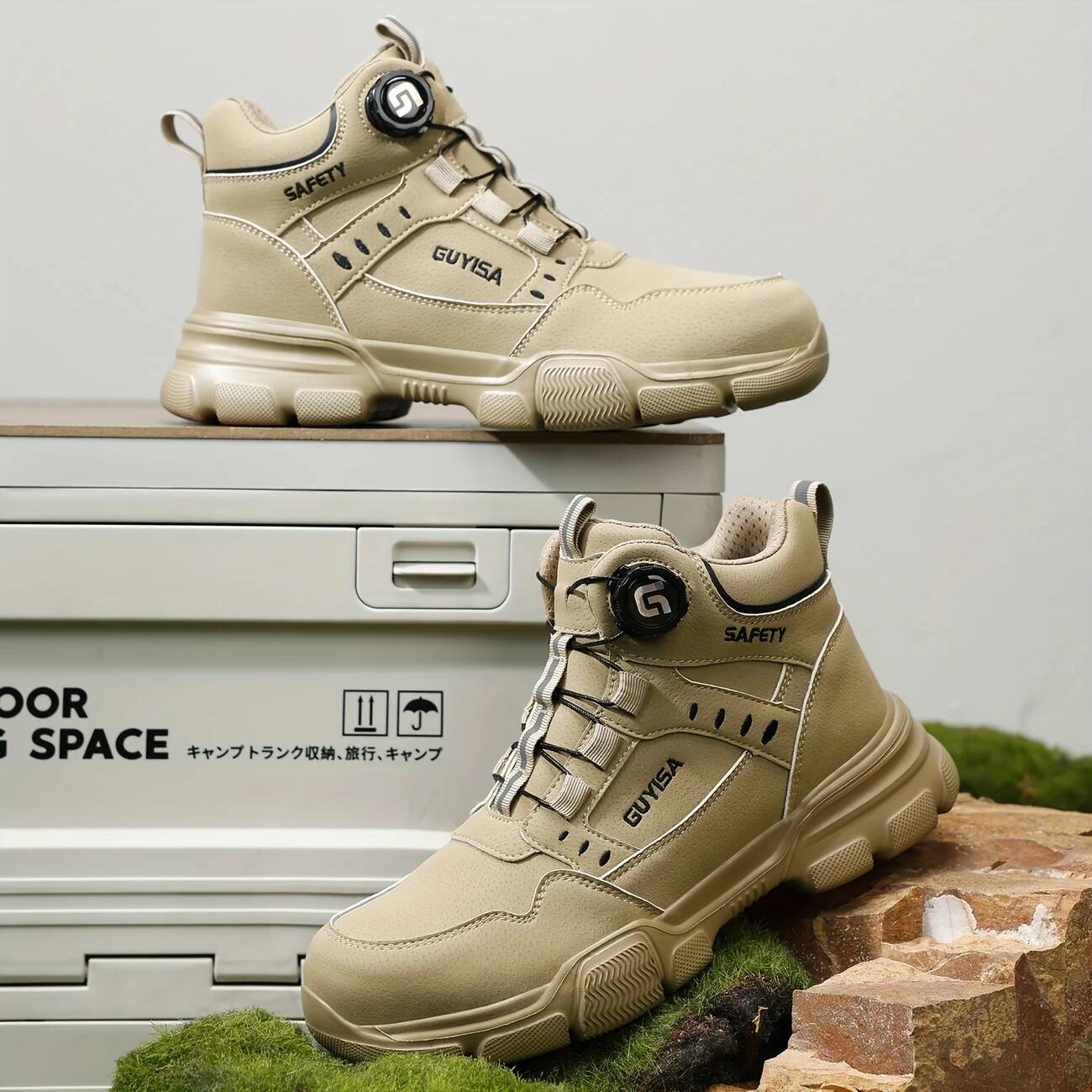 1 pair mens high top work shoes steel toe safety sneakers with side comfortable anti smash anti puncture casual sports footwear solid color round toe eva sole fabric new retro style college style movement style spring autumn spring summer details 7